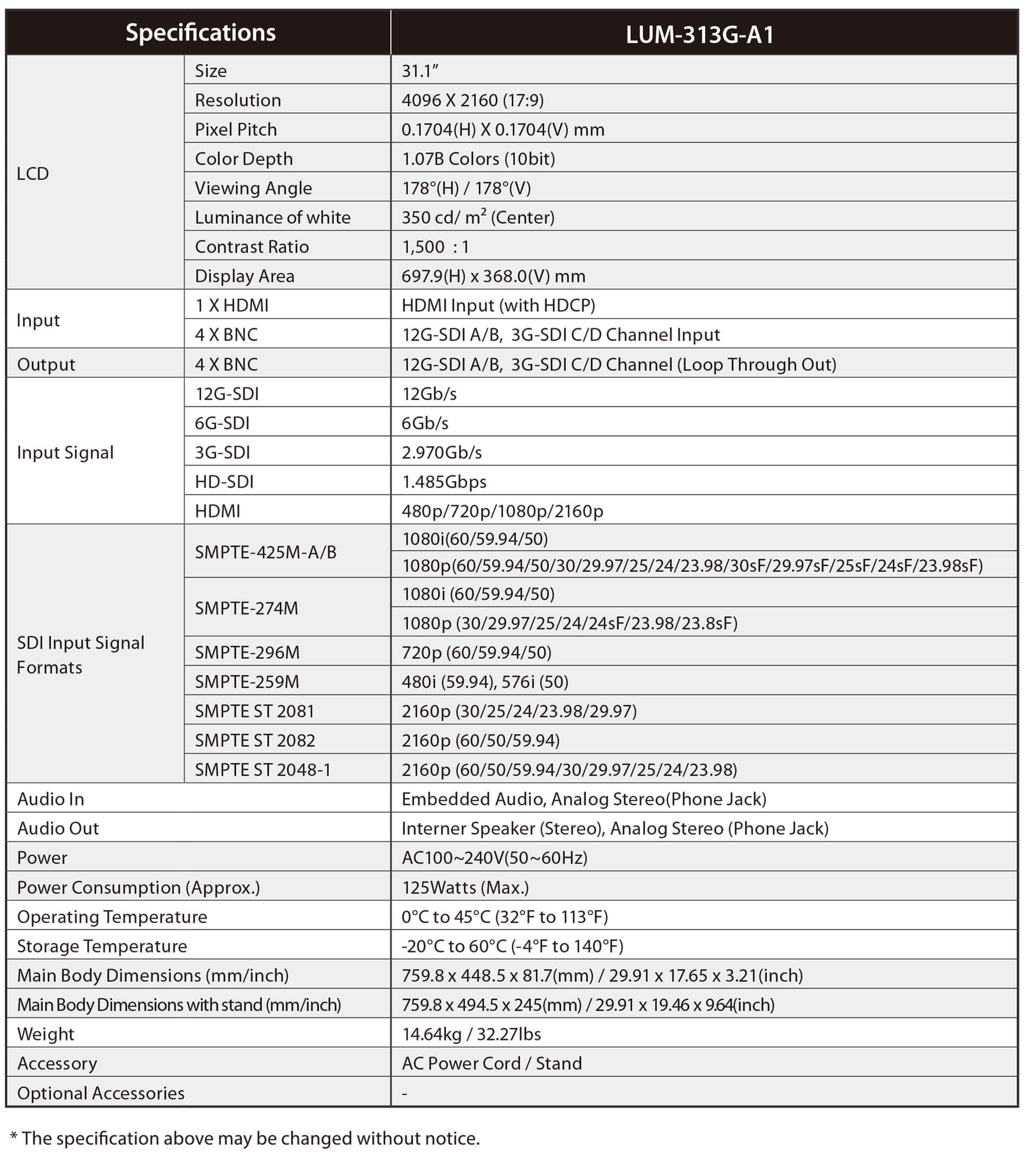 LUM-550H Specification
